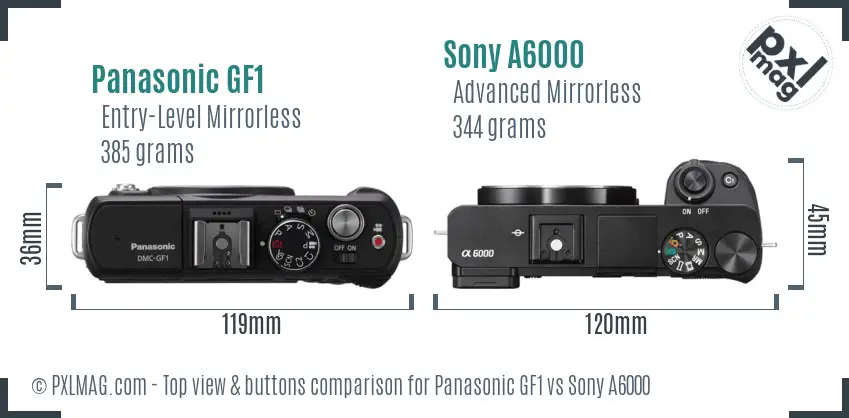 Panasonic GF1 vs Sony A6000 top view buttons comparison