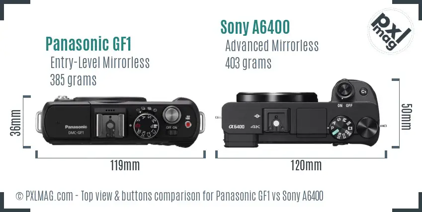 Panasonic GF1 vs Sony A6400 top view buttons comparison