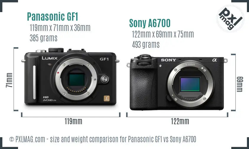 Panasonic GF1 vs Sony A6700 size comparison