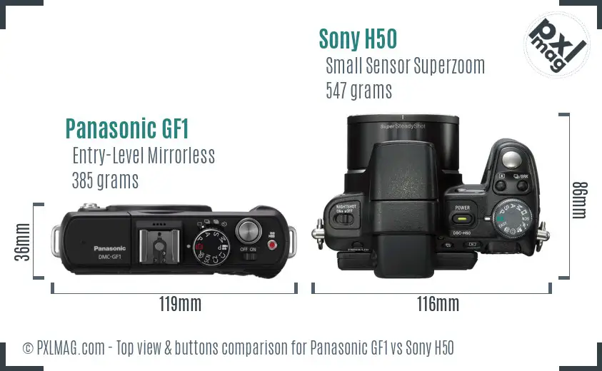 Panasonic GF1 vs Sony H50 top view buttons comparison Panasonic GF1 vs Sony H50 top view buttons comparison