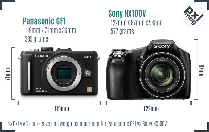 Panasonic GF1 vs Sony HX100V size comparison Panasonic GF1 vs Sony HX100V size comparison
