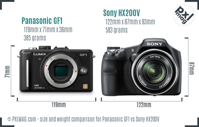 Panasonic GF1 vs Sony HX200V size comparison Panasonic GF1 vs Sony HX200V size comparison