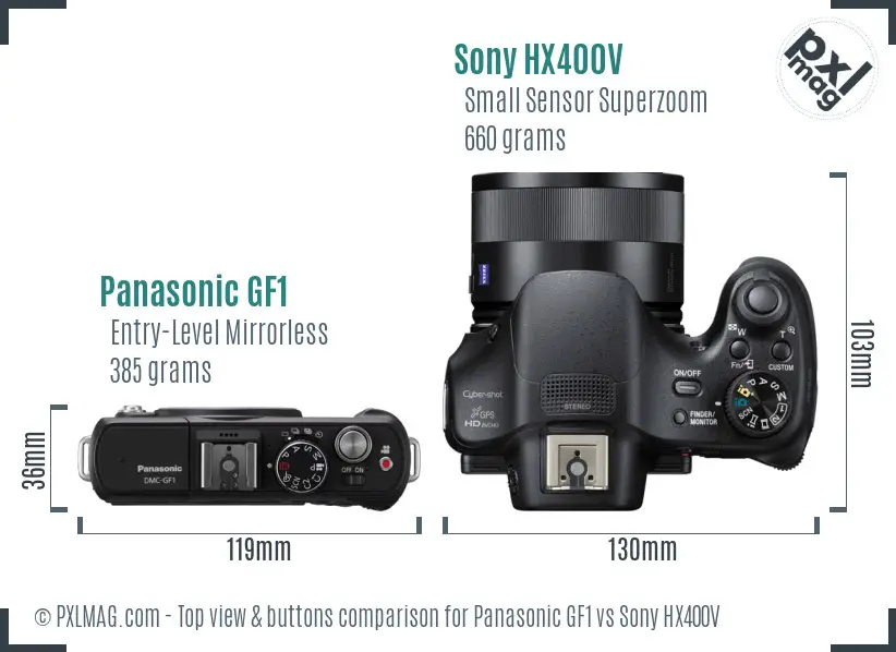 Panasonic GF1 vs Sony HX400V top view buttons comparison