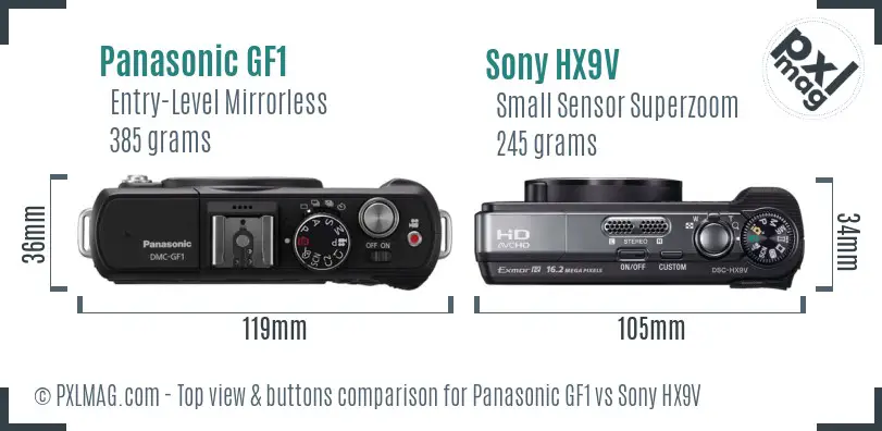 Panasonic GF1 vs Sony HX9V top view buttons comparison