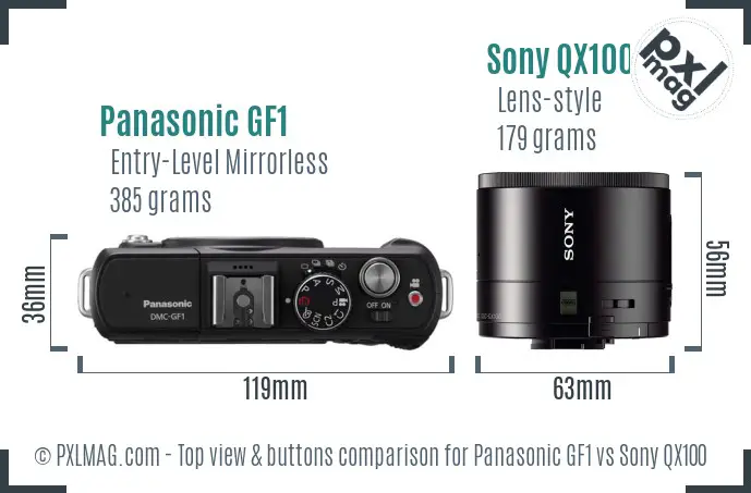 Panasonic GF1 vs Sony QX100 top view buttons comparison Panasonic GF1 vs Sony QX100 top view buttons comparison