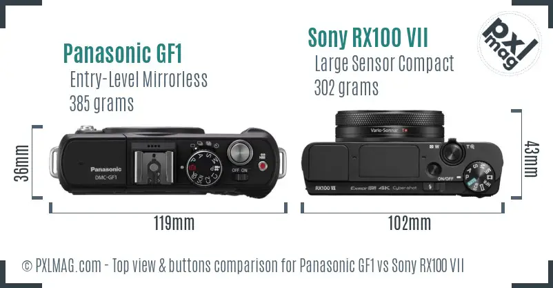 Panasonic GF1 vs Sony RX100 VII top view buttons comparison Panasonic GF1 vs Sony RX100 VII top view buttons comparison