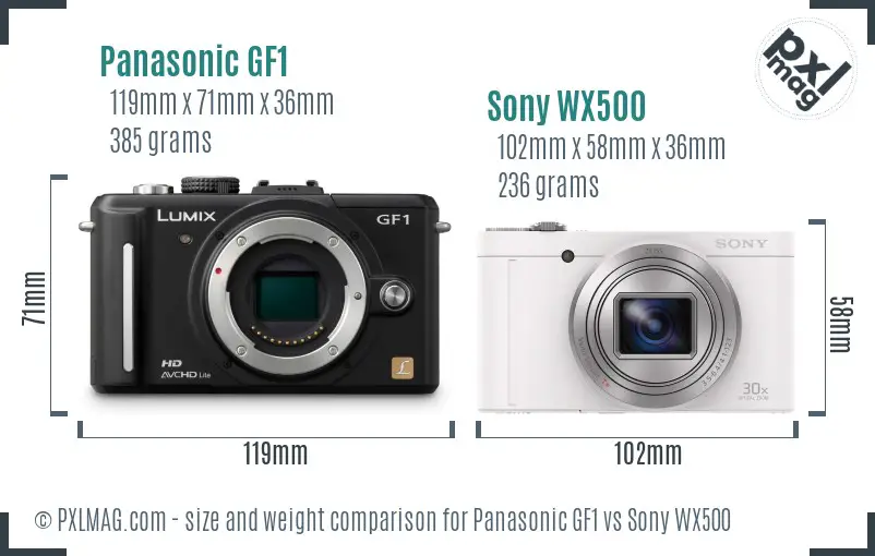 Panasonic GF1 vs Sony WX500 size comparison