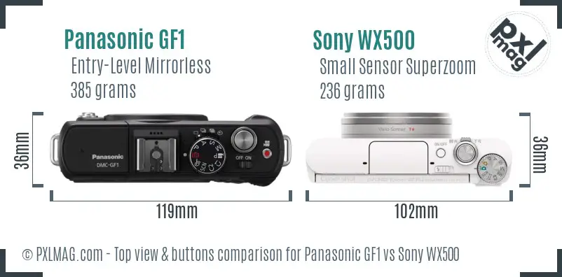 Panasonic GF1 vs Sony WX500 top view buttons comparison