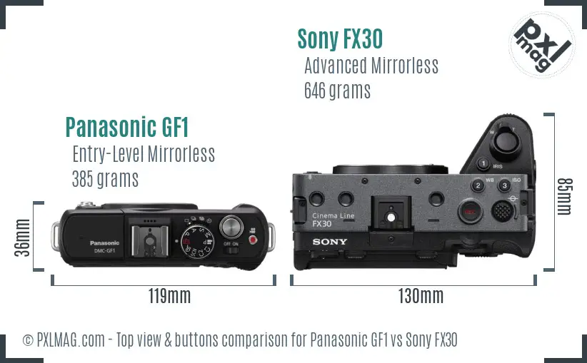 Panasonic GF1 vs Sony FX30 top view buttons comparison Panasonic GF1 vs Sony FX30 top view buttons comparison