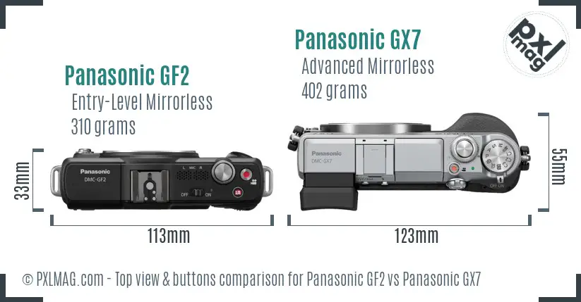 Panasonic GF2 vs Panasonic GX7 top view buttons comparison