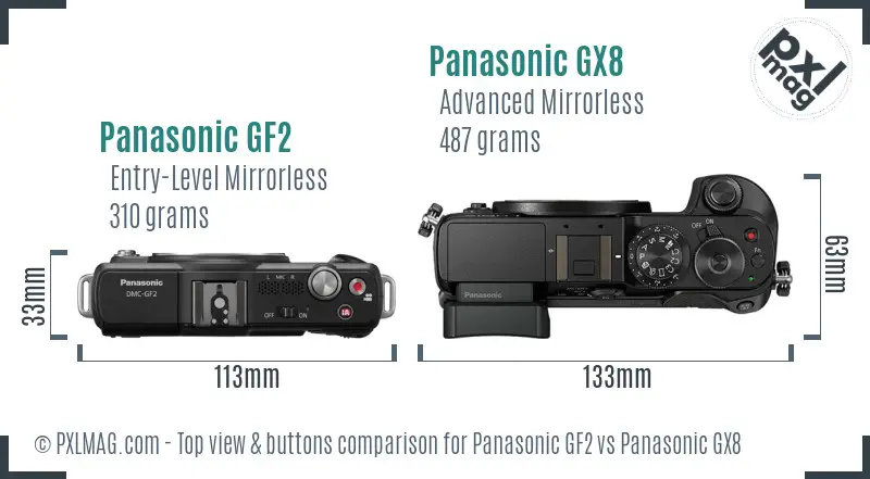 Panasonic GF2 vs Panasonic GX8 top view buttons comparison