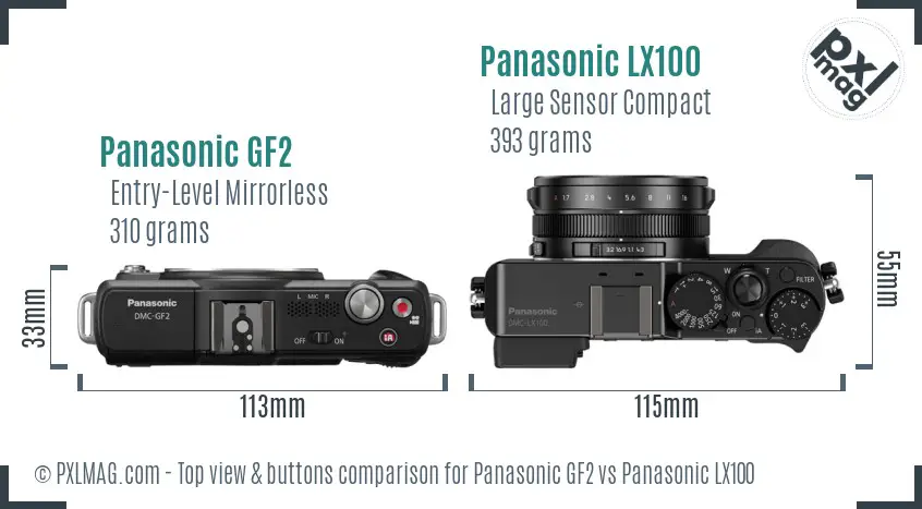 Panasonic GF2 vs Panasonic LX100 top view buttons comparison