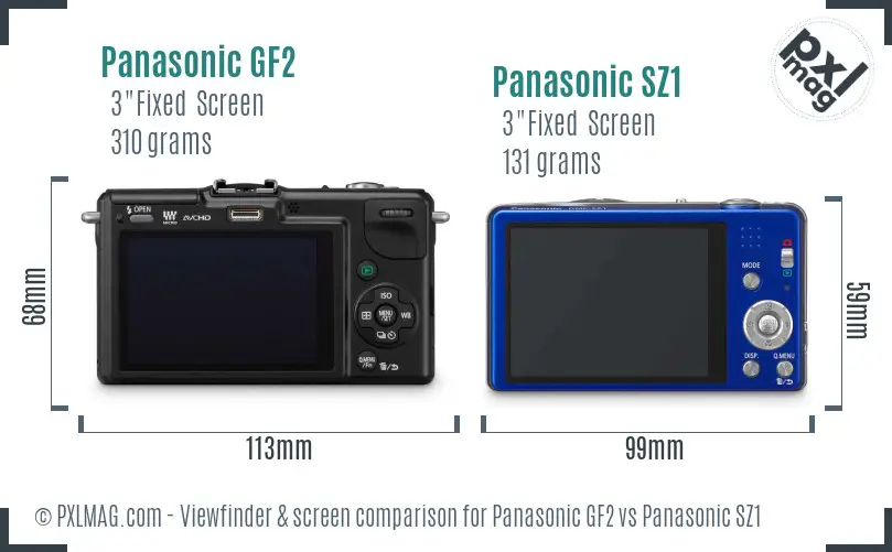 Panasonic GF2 vs Panasonic SZ1 Screen and Viewfinder comparison