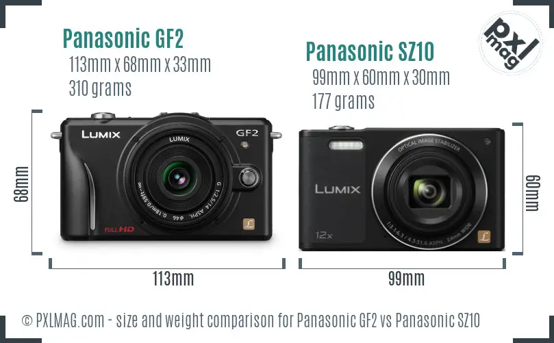 Panasonic GF2 vs Panasonic SZ10 size comparison