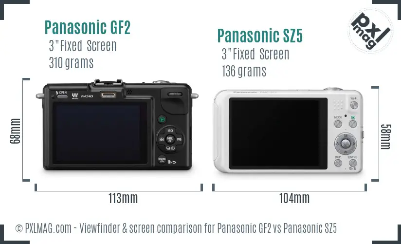 Panasonic GF2 vs Panasonic SZ5 Screen and Viewfinder comparison