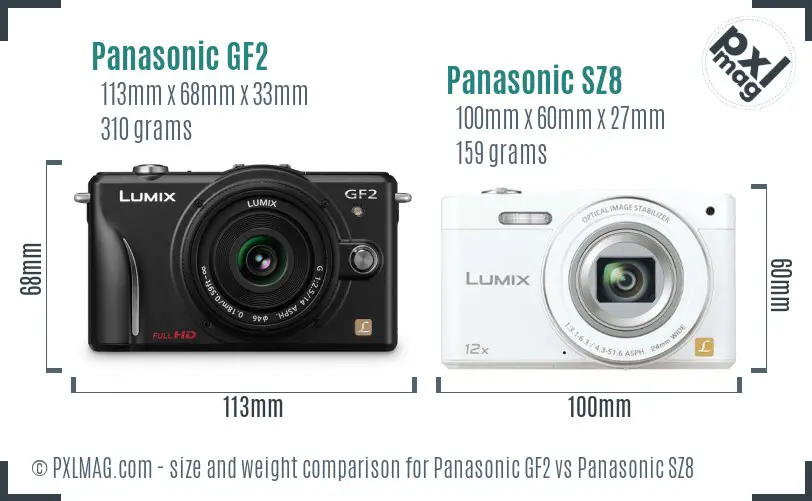 Panasonic GF2 vs Panasonic SZ8 size comparison