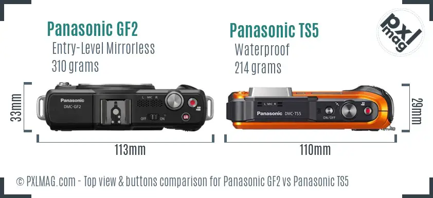 Panasonic GF2 vs Panasonic TS5 top view buttons comparison