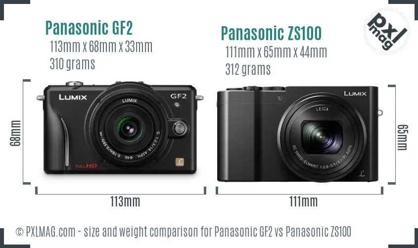 Panasonic GF2 vs Panasonic ZS100 size comparison