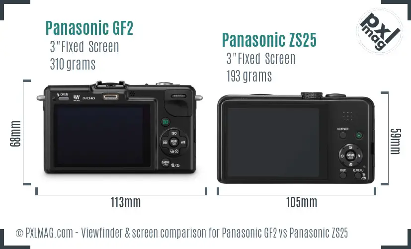 Panasonic GF2 vs Panasonic ZS25 Screen and Viewfinder comparison