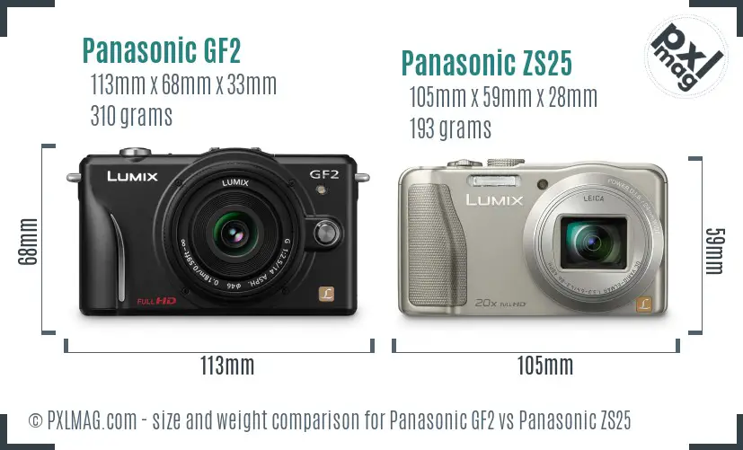Panasonic GF2 vs Panasonic ZS25 size comparison