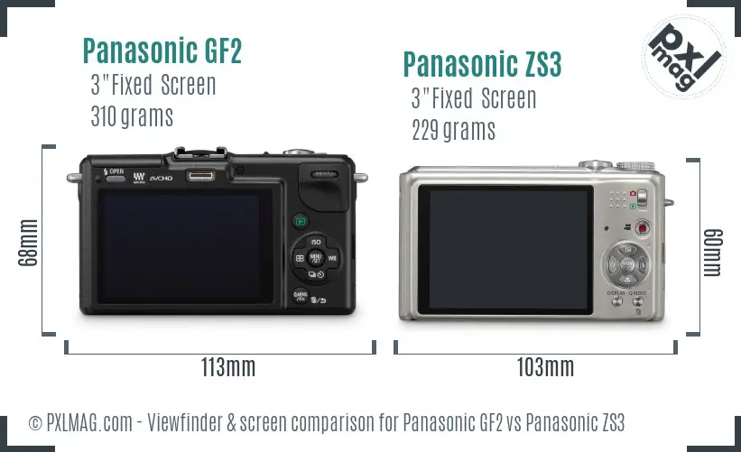Panasonic GF2 vs Panasonic ZS3 Screen and Viewfinder comparison