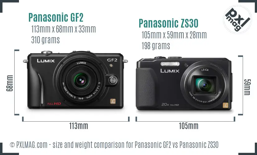 Panasonic GF2 vs Panasonic ZS30 size comparison