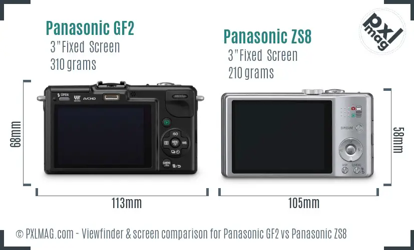 Panasonic GF2 vs Panasonic ZS8 Screen and Viewfinder comparison