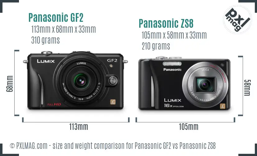 Panasonic GF2 vs Panasonic ZS8 size comparison