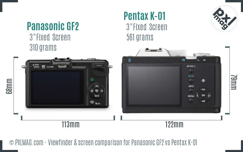 Panasonic GF2 vs Pentax K-01 Screen and Viewfinder comparison