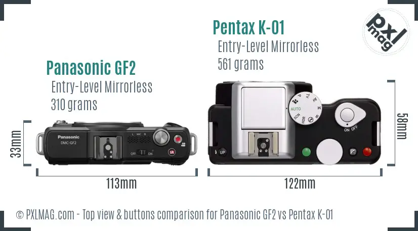 Panasonic GF2 vs Pentax K-01 top view buttons comparison