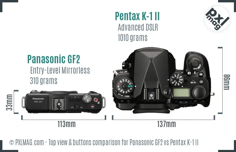 Panasonic GF2 vs Pentax K-1 II top view buttons comparison