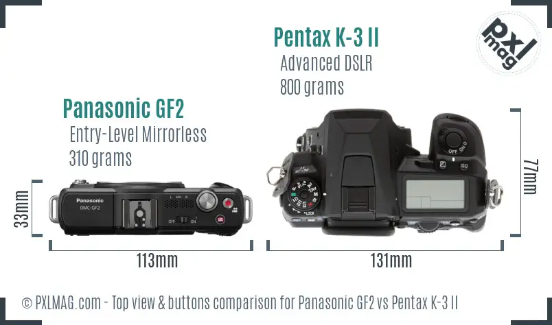 Panasonic GF2 vs Pentax K-3 II top view buttons comparison