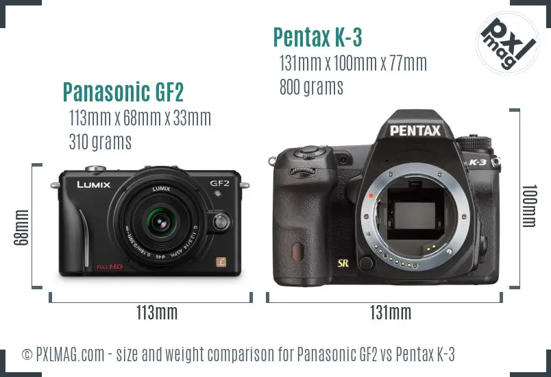 Panasonic GF2 vs Pentax K-3 size comparison