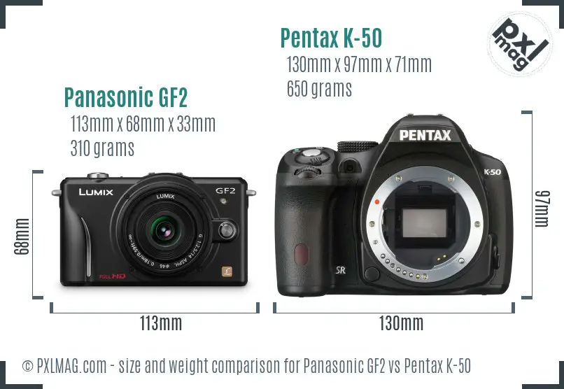 Panasonic GF2 vs Pentax K-50 size comparison
