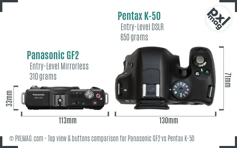 Panasonic GF2 vs Pentax K-50 top view buttons comparison