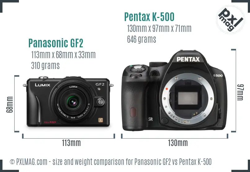 Panasonic GF2 vs Pentax K-500 size comparison