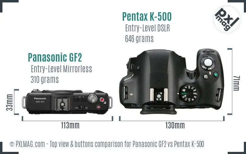 Panasonic GF2 vs Pentax K-500 top view buttons comparison