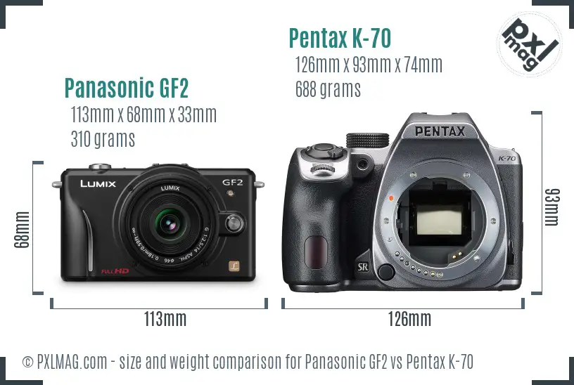 Panasonic GF2 vs Pentax K-70 size comparison