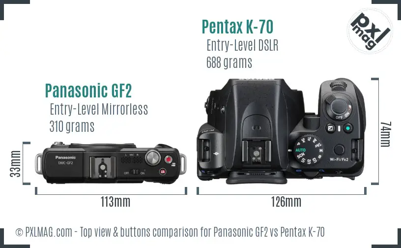 Panasonic GF2 vs Pentax K-70 top view buttons comparison