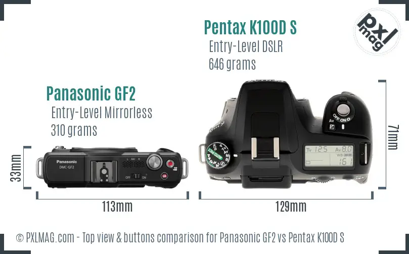Panasonic GF2 vs Pentax K100D S top view buttons comparison