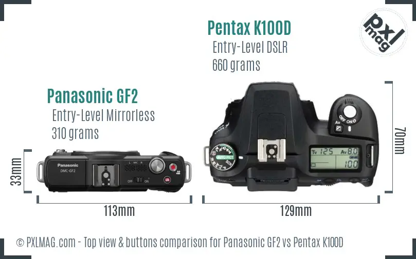 Panasonic GF2 vs Pentax K100D top view buttons comparison