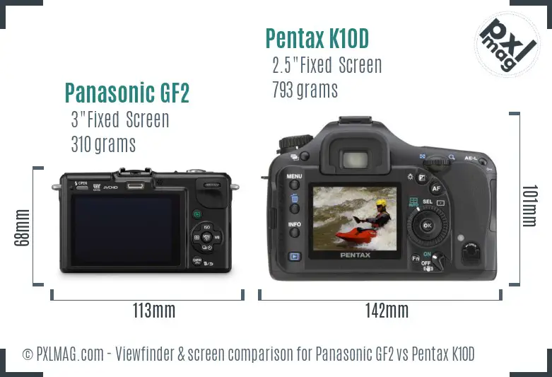 Panasonic GF2 vs Pentax K10D Screen and Viewfinder comparison