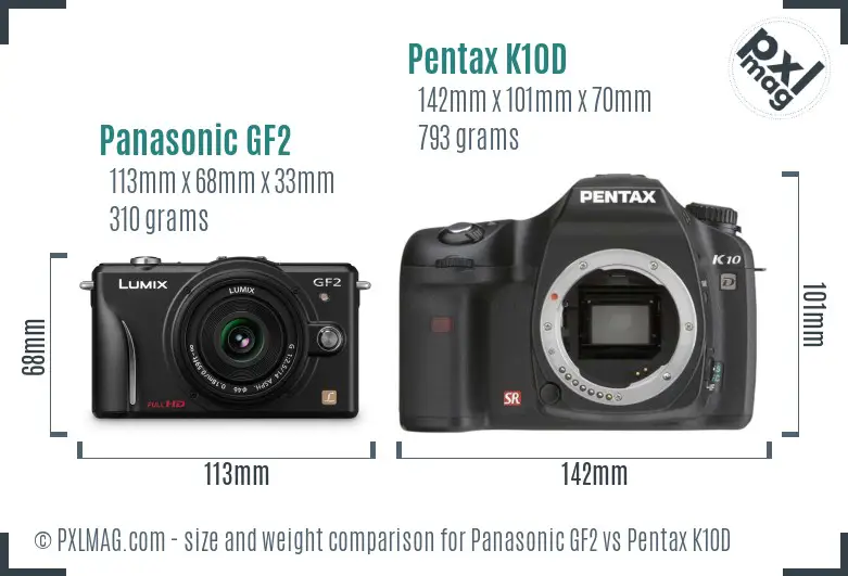 Panasonic GF2 vs Pentax K10D size comparison