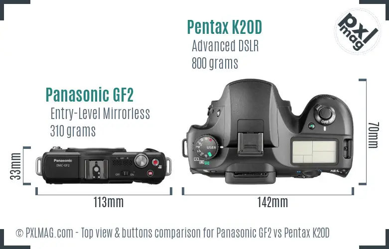 Panasonic GF2 vs Pentax K20D top view buttons comparison