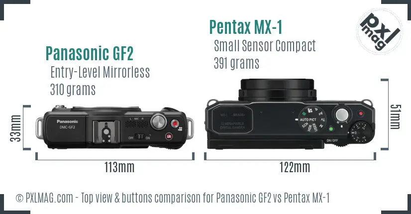 Panasonic GF2 vs Pentax MX-1 top view buttons comparison