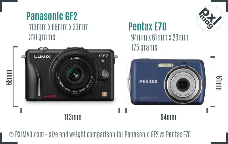 Panasonic GF2 vs Pentax E70 size comparison