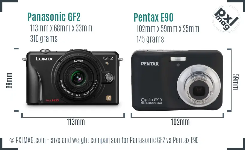 Panasonic GF2 vs Pentax E90 size comparison