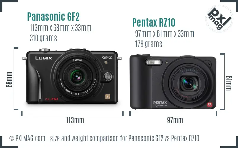 Panasonic GF2 vs Pentax RZ10 size comparison
