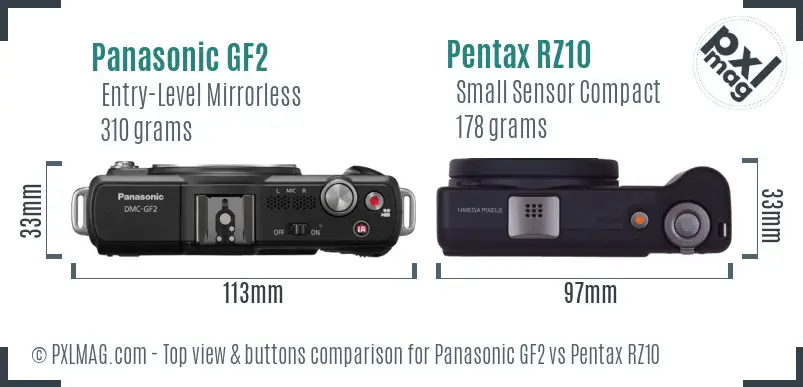 Panasonic GF2 vs Pentax RZ10 top view buttons comparison