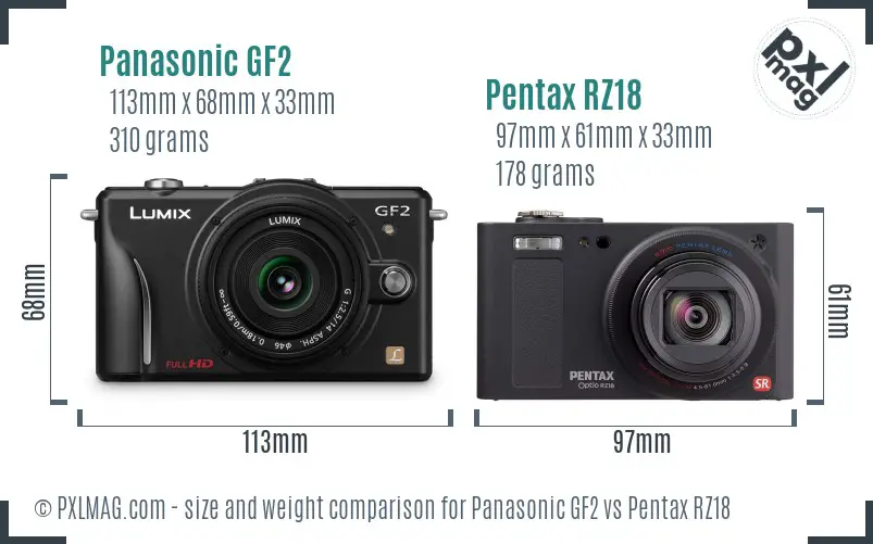 Panasonic GF2 vs Pentax RZ18 size comparison